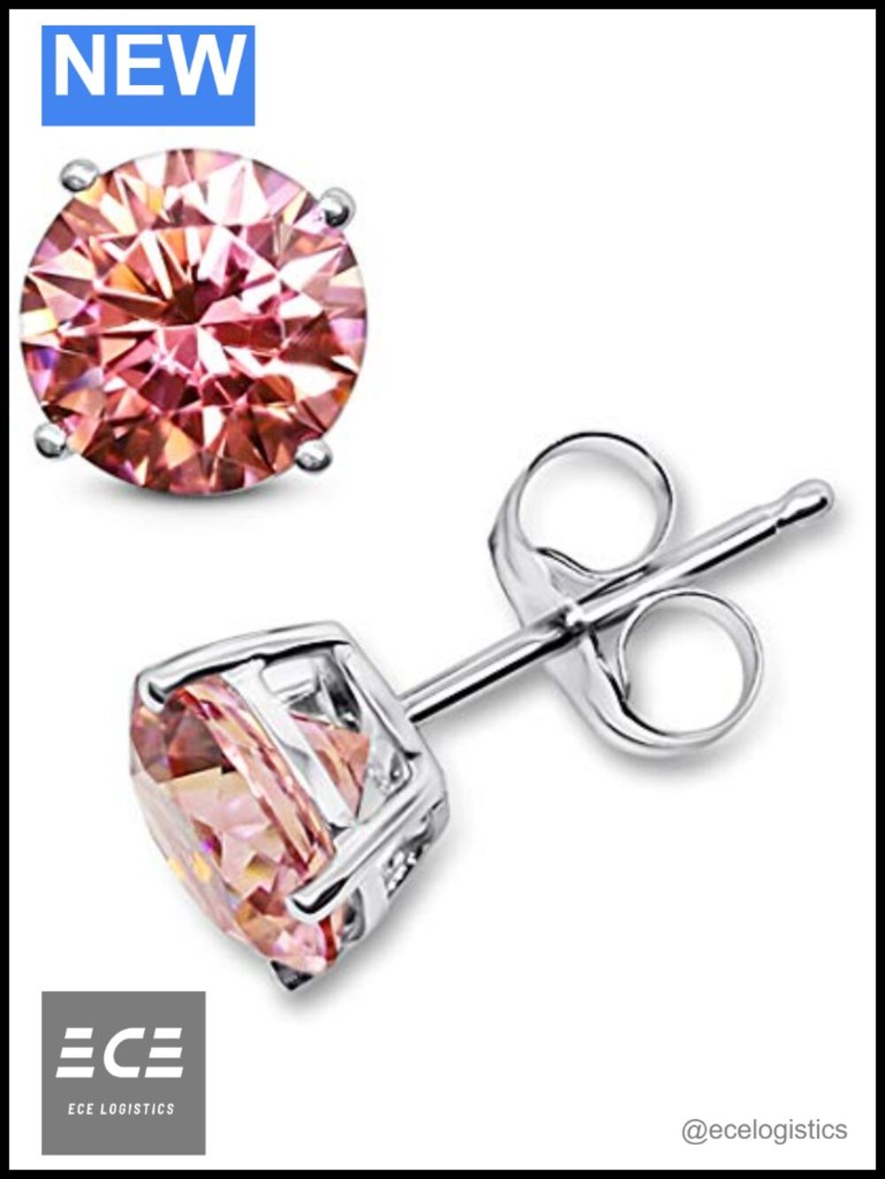 14K Solid White Gold Simulated Morganite Stud Earrings
